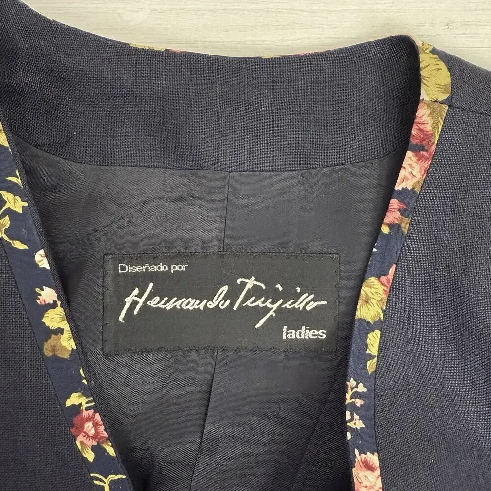 Hernando Trujillo Linen Blazer Jacket Women 8 Navy Floral‎ Trim Preppy Spring